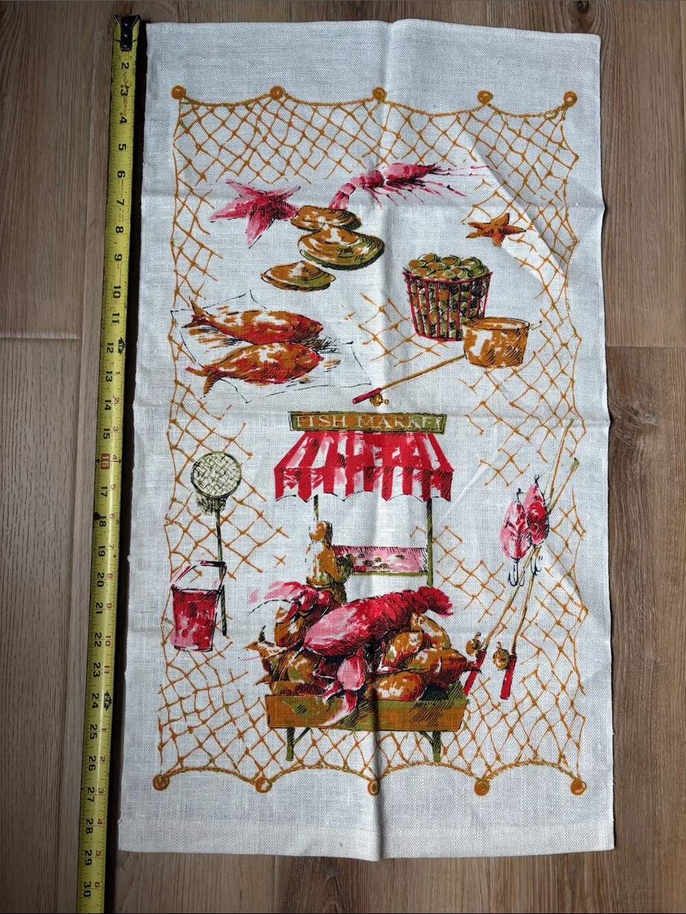Vintage Fish Market Printed Kitchen Tea Towel - White with Red and Gold Accents